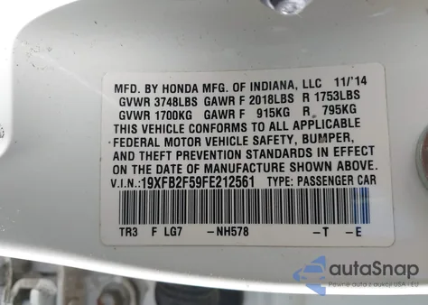 2015 Honda Civic Lx z USA, uszkodzony, nr VIN 19XFB2F59FE212561